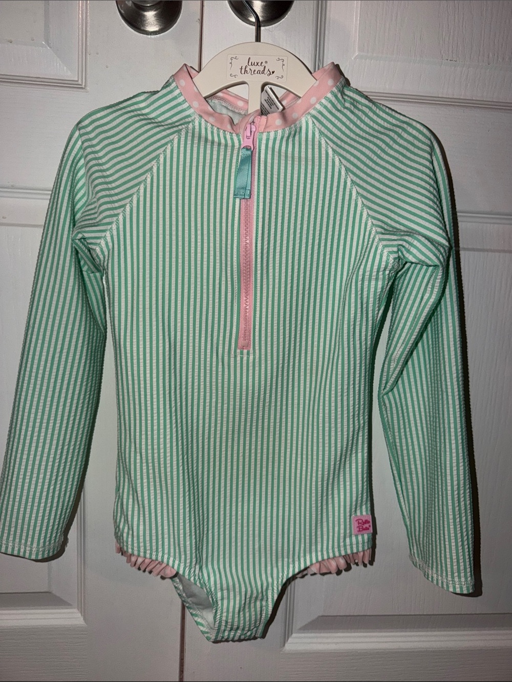 Ruffle Butts Girls Long Sleeve Stripe Rash Guard Swimsuit - Pink & Mint size 8